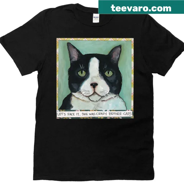 Hand created tuxedo cat art t-shirt with 'Let's Face It' text