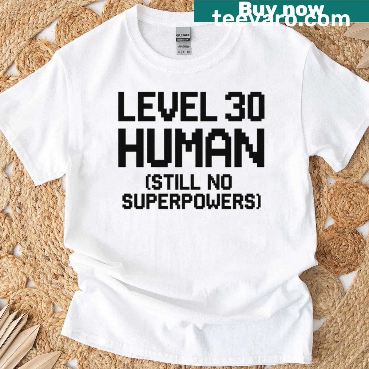 Funny pixel art gamer shirt with humorous superpowers text — on a men's t-shirt