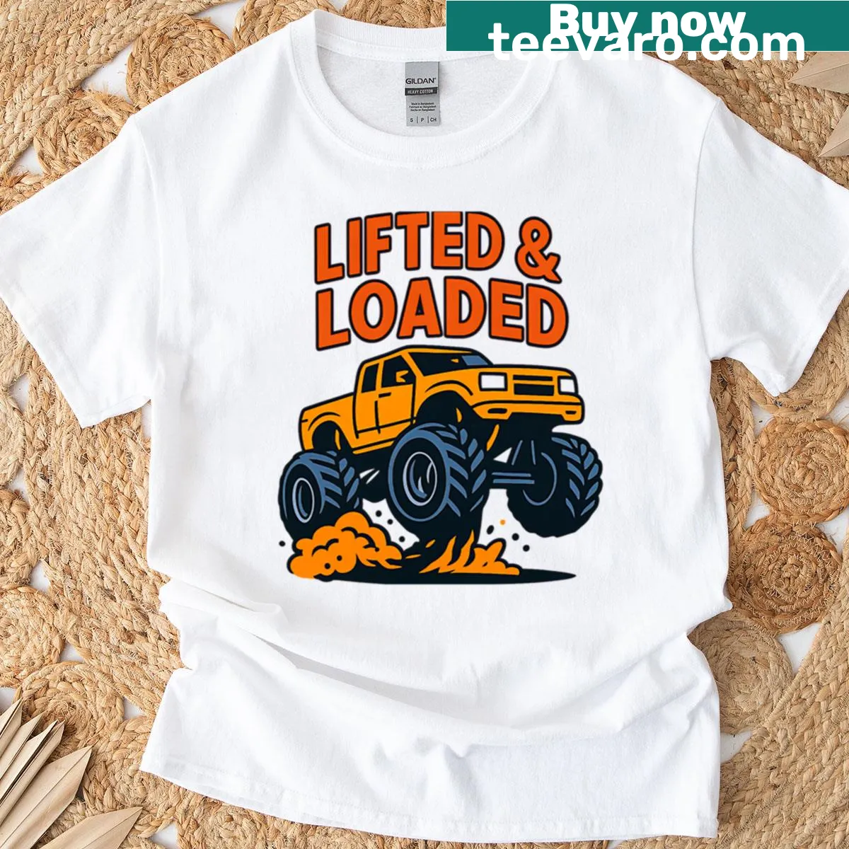 Cartoon monster truck graphic ready for adventure — on a men's t-shirt