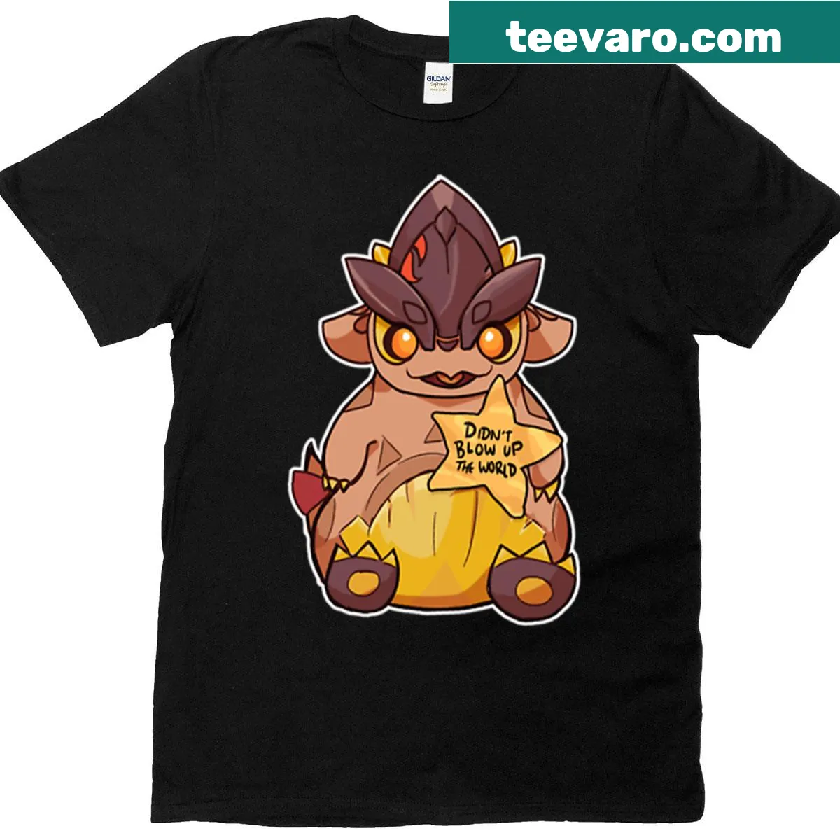 Funny T-shirt with 'Little One Saurian Didn't Blow Up The World' text — on a men's t-shirt