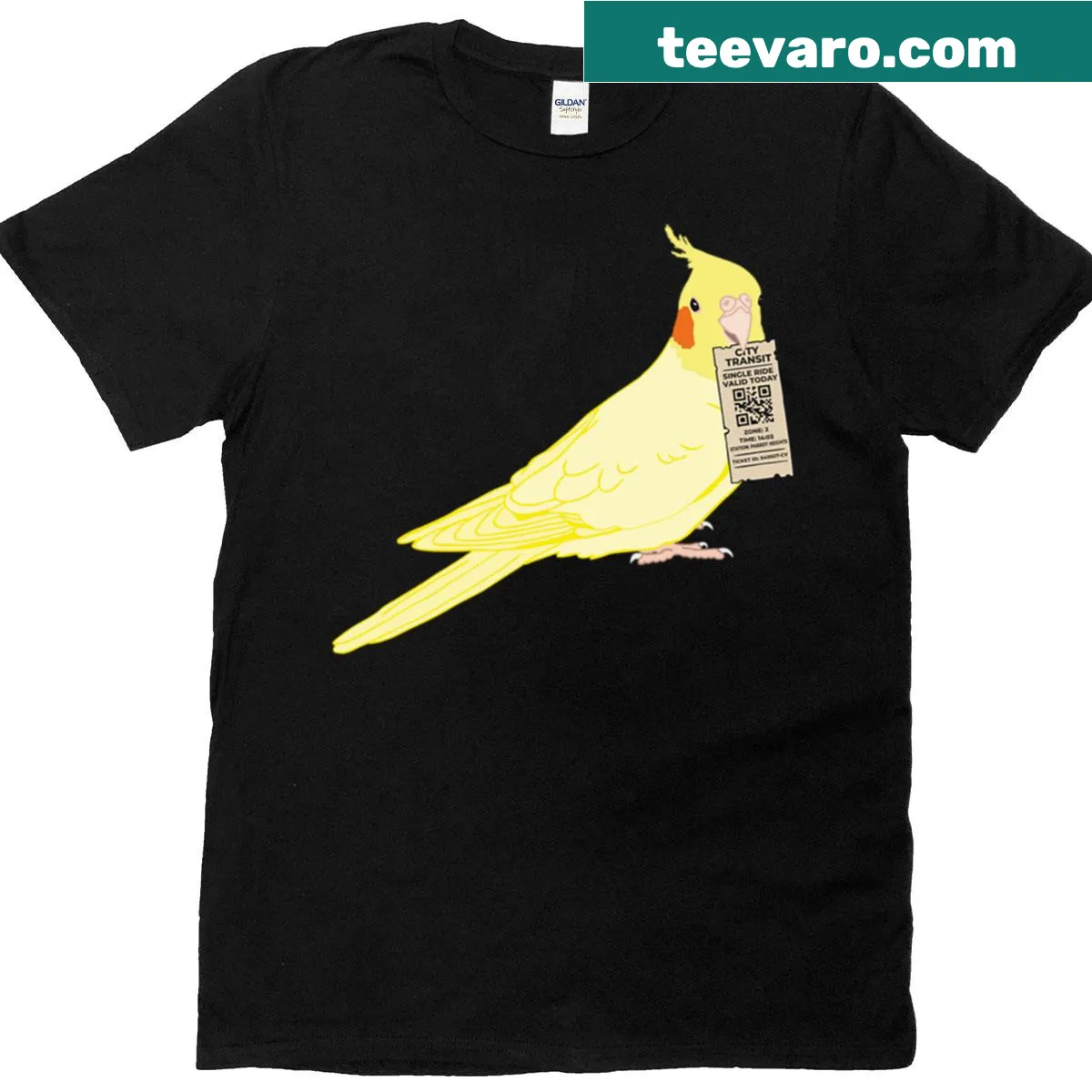 Funny t-shirt featuring a Lutino Cockatiel with a transit ticket — on a men's t-shirt