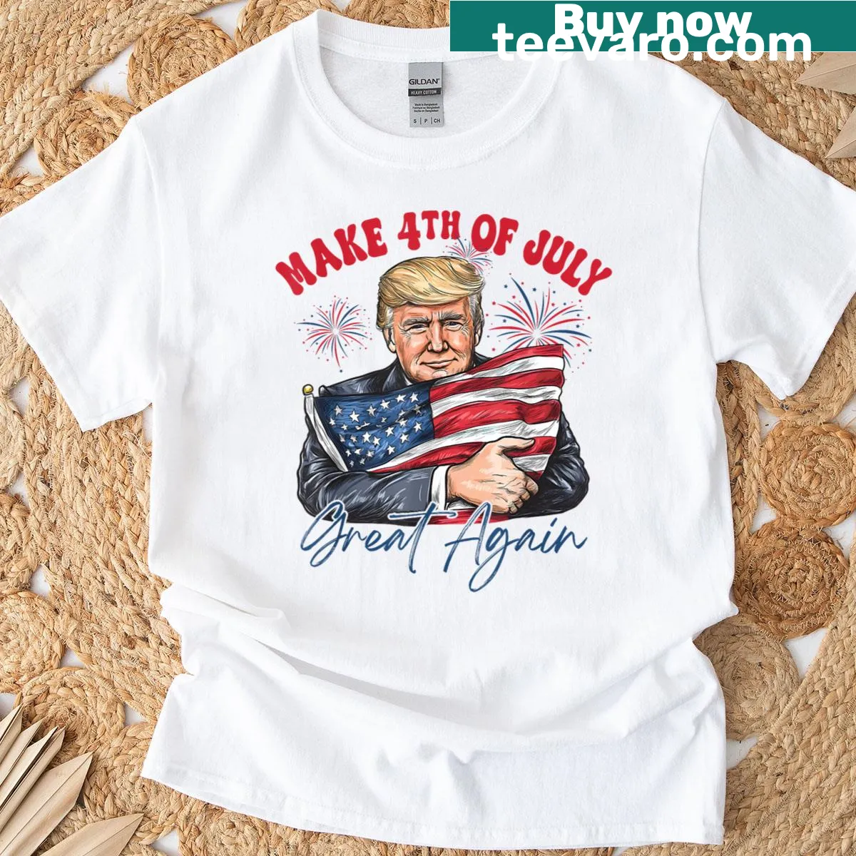 Funny patriotic t-shirt with 'Make 4th Of July Great Again' text — on a men's t-shirt