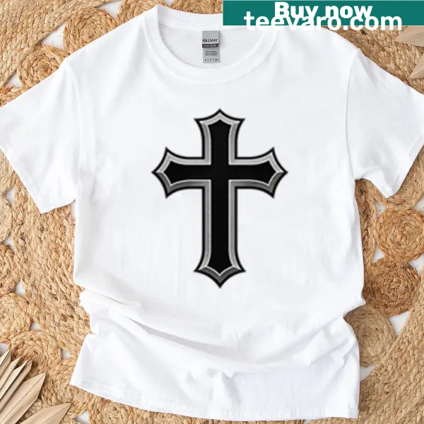 Metallic cross graphic T-shirt representing faith