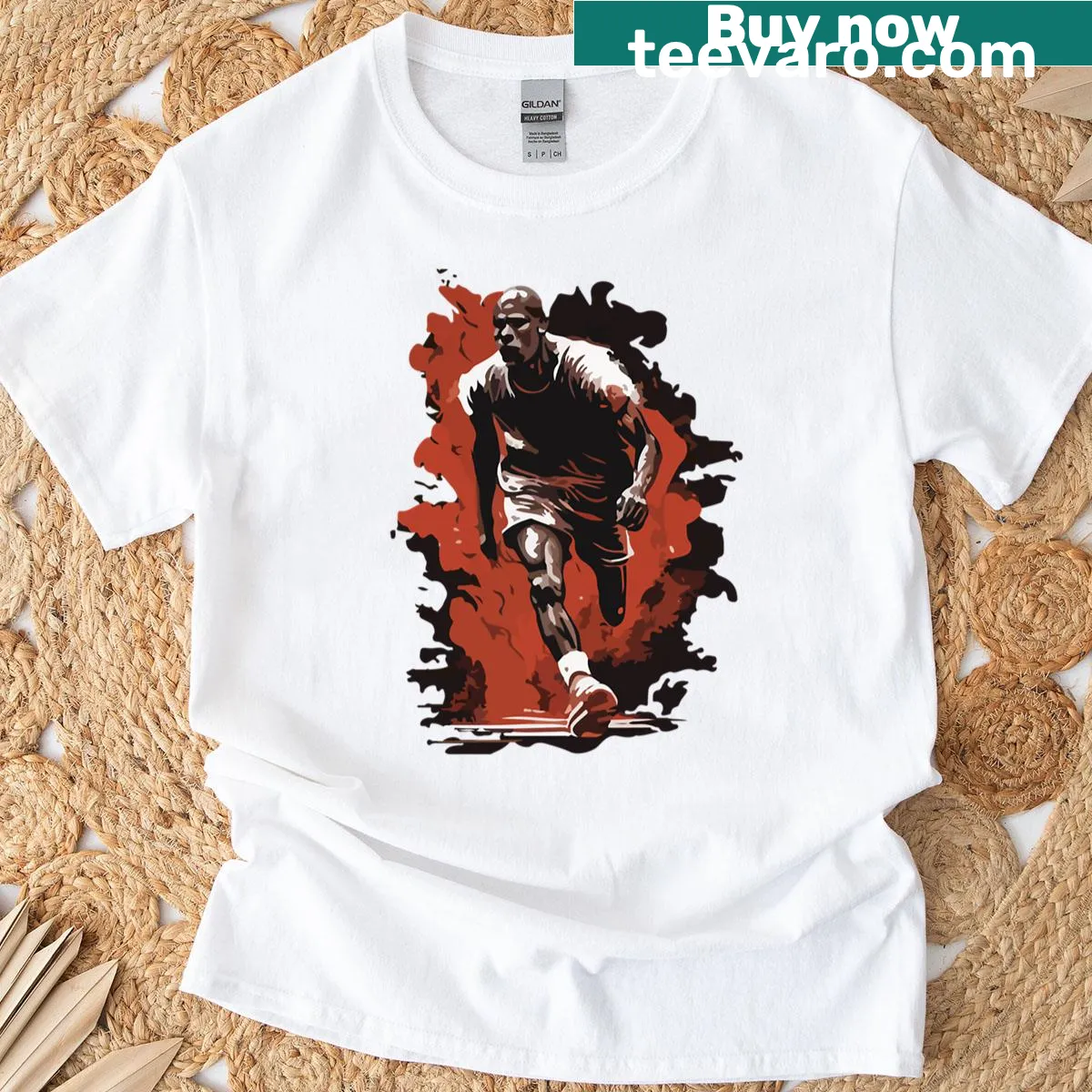 Illustrative T-shirt honoring legendary basketball player M.J. — on a men's t-shirt