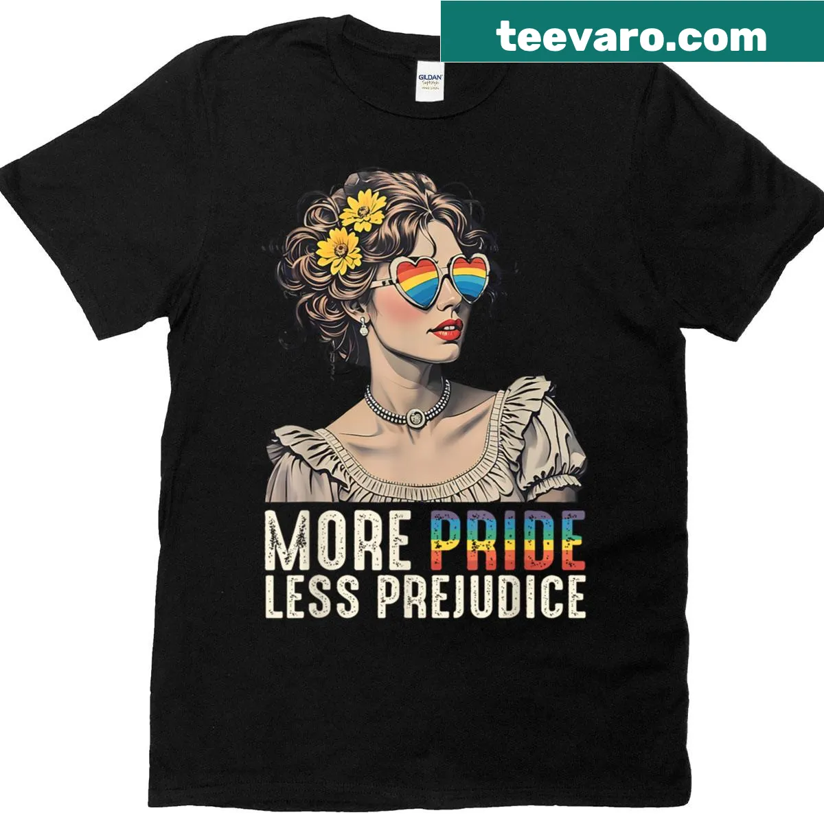 Vintage-style t-shirt with 'More Pride Less Prejudice' text — on a men's t-shirt