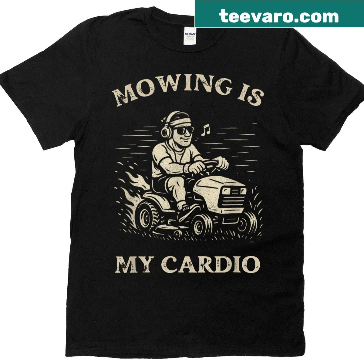 Funny dad t-shirt with text: Mowing is my cardio for lawn enthusiasts. — on a men's t-shirt