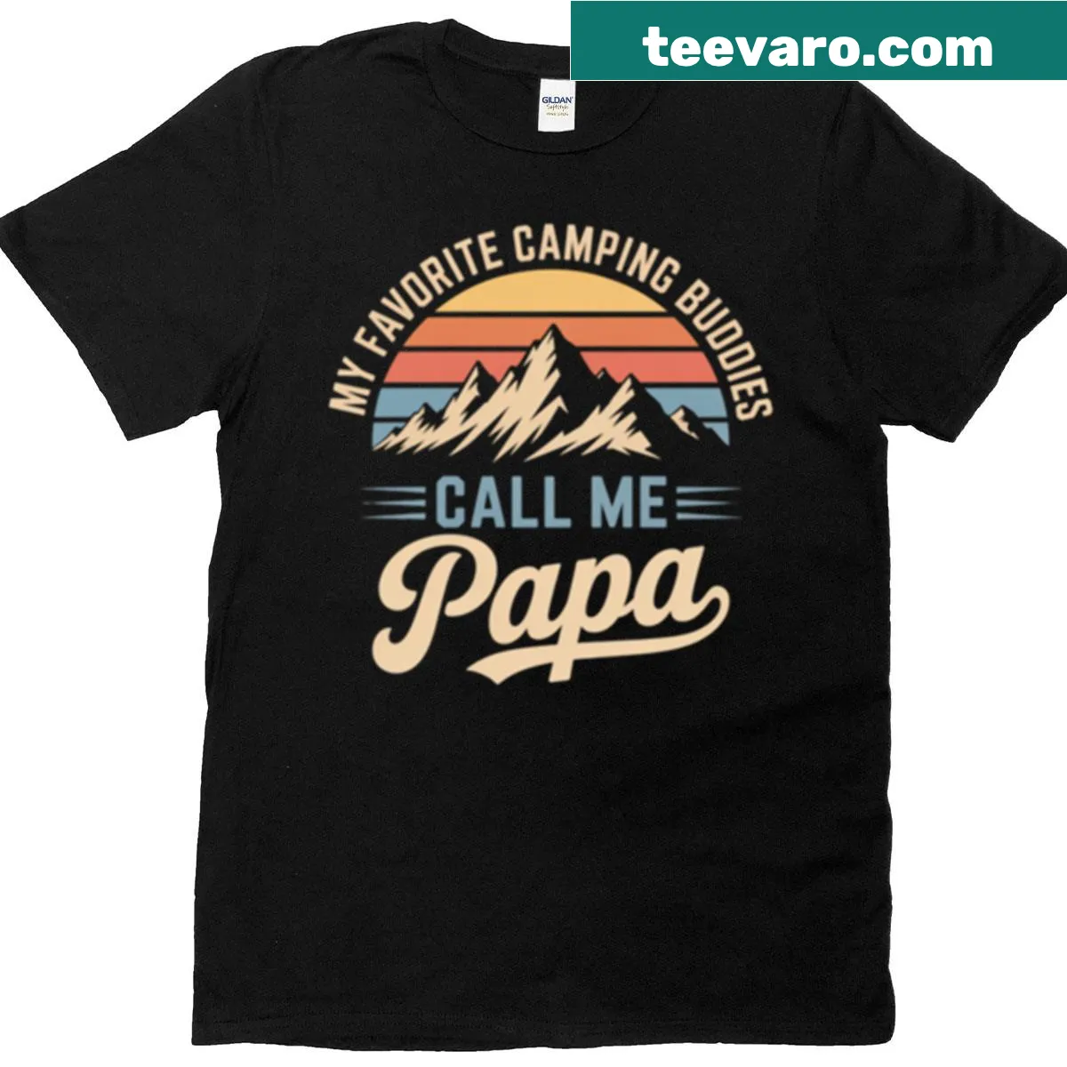 Retro camping Papa T-shirt with mountain sunset design — on a men's t-shirt