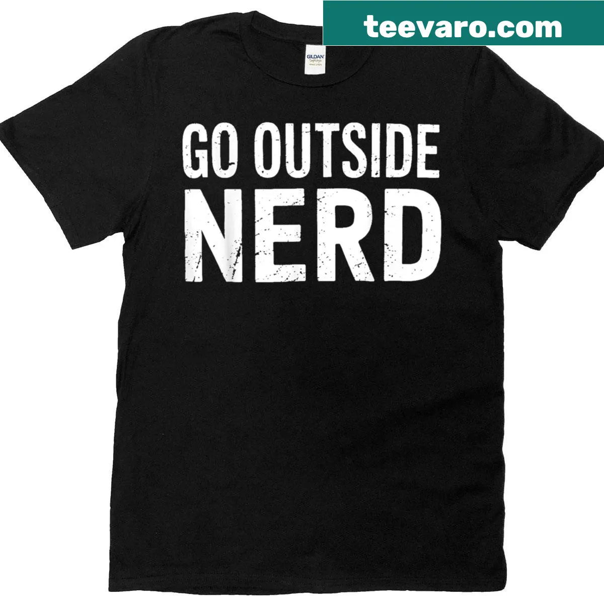 Funny hiking shirt with vintage-style text encouraging nerds to go outside — on a men's t-shirt