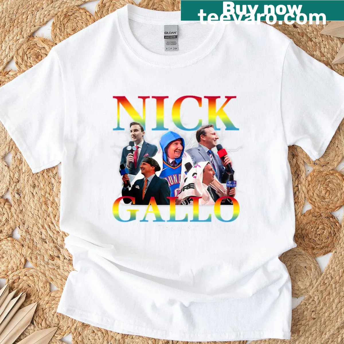 Text 'Nick Gallo - The Goat' on a sports-themed T-shirt. — on a men's t-shirt