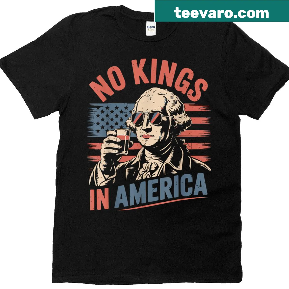 Funny T-shirt featuring George Washington with a drink and 'No Kings America Since 1776' text — on a men's t-shirt