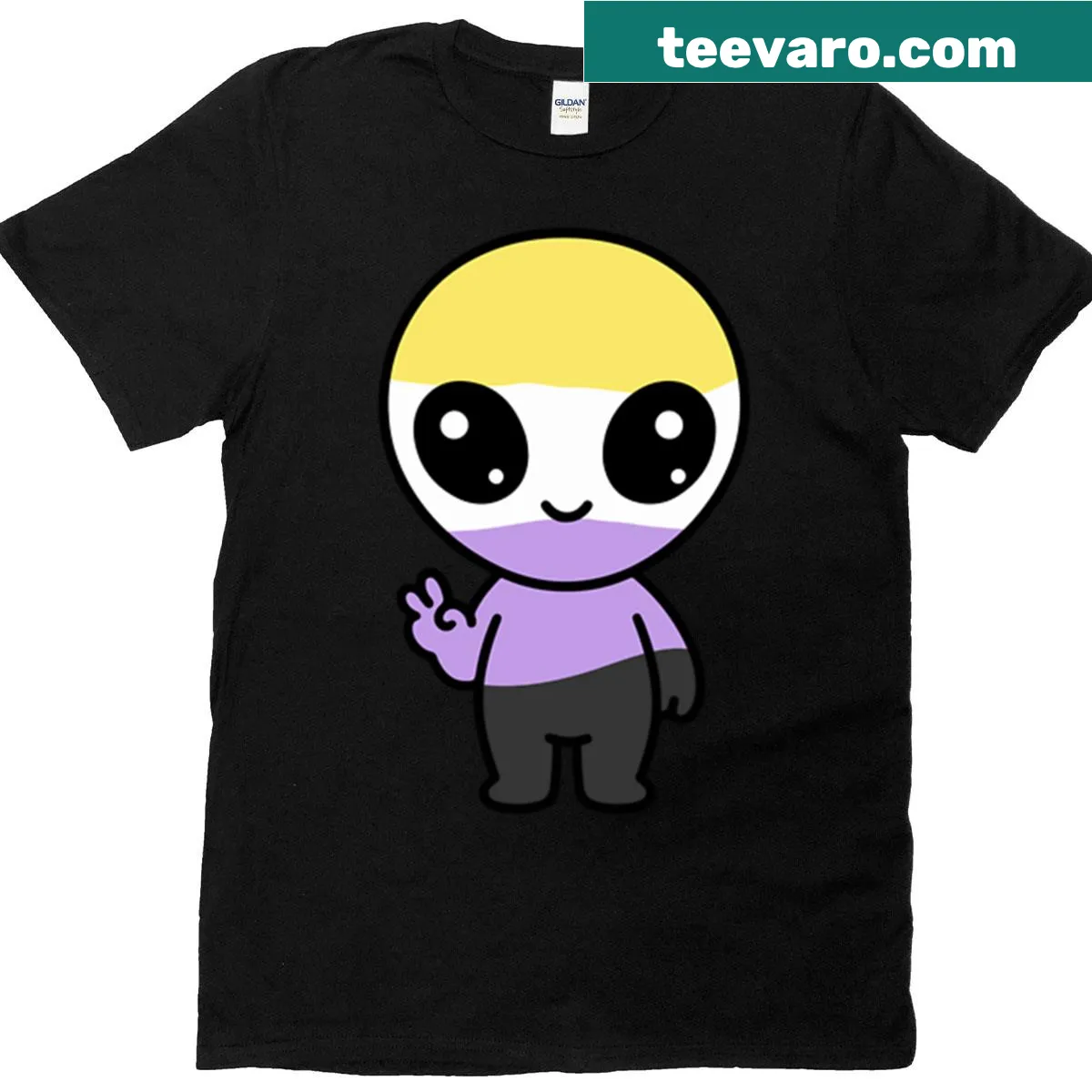 Kawaii alien design T-shirt celebrating nonbinary pride — on a men's t-shirt