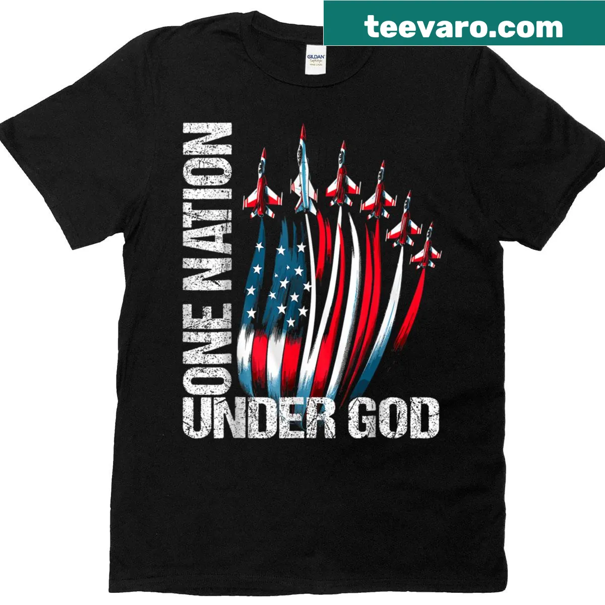 Patriotic boys' T-shirt with 'One Nation Under God' and American flag graphics — on a men's t-shirt