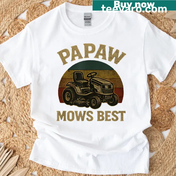 Funny retro t-shirt proclaiming Papaw Mows Best