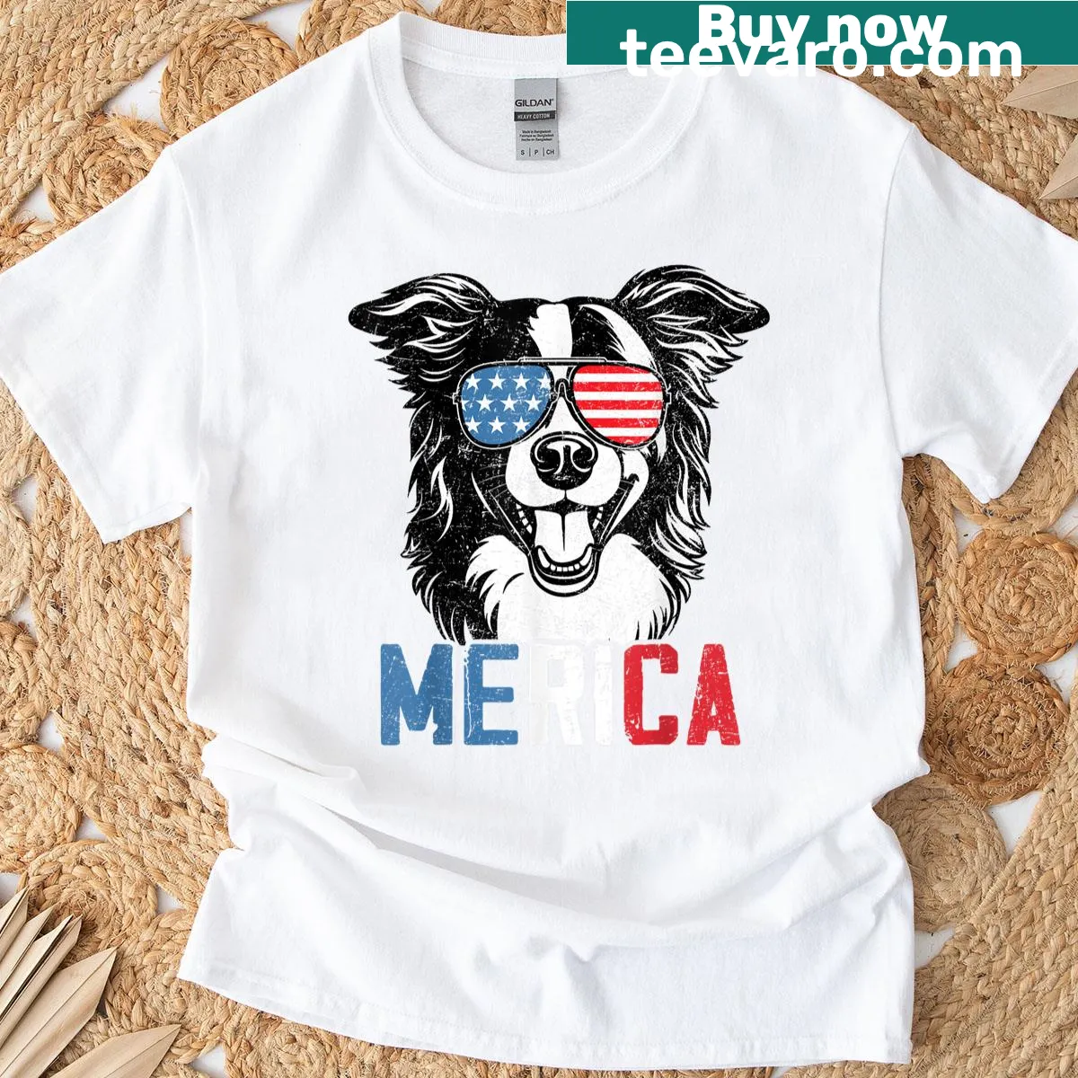 Patriotic t-shirt featuring a funny Border Collie for 4th of July — on a men's t-shirt