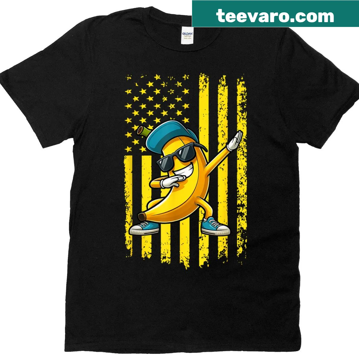 Dabbing banana against American flag illustration for kids — on a men's t-shirt