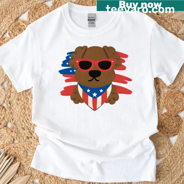 Cheerful pup t-shirt with stars and stripes design and fun text