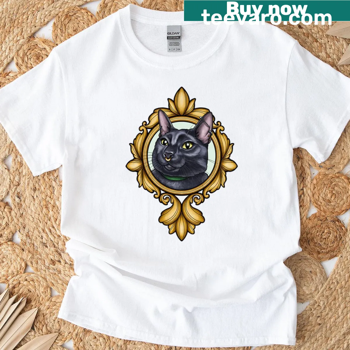Cat t-shirt featuring an artistic representation of a pierced cat — on a men's t-shirt