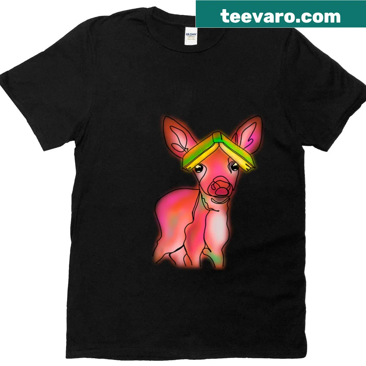 Cute line drawing of a baby deer with a book hat on t-shirt — on a men's t-shirt