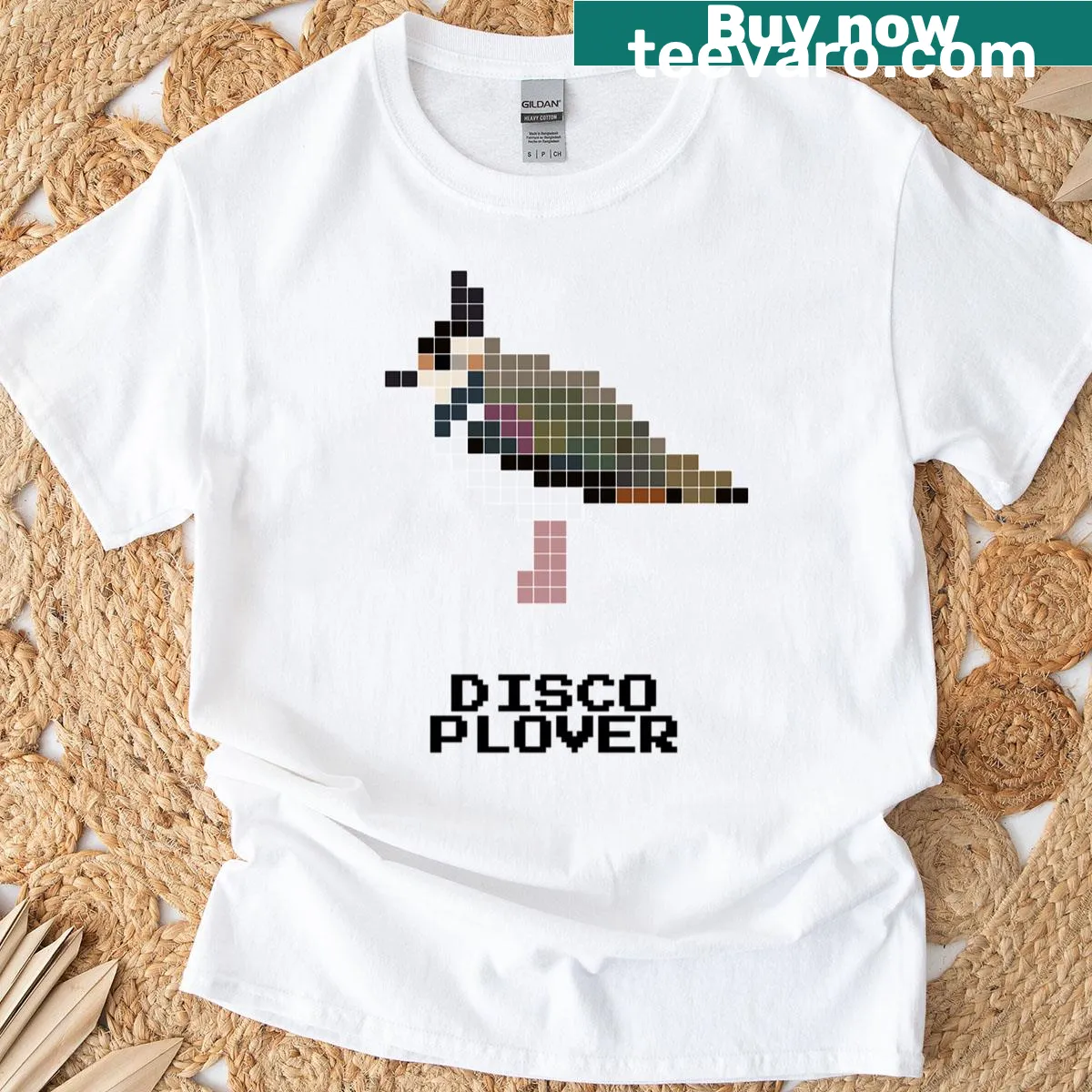 Pixel art graphic of a disco plover bird on a t-shirt — on a men's t-shirt