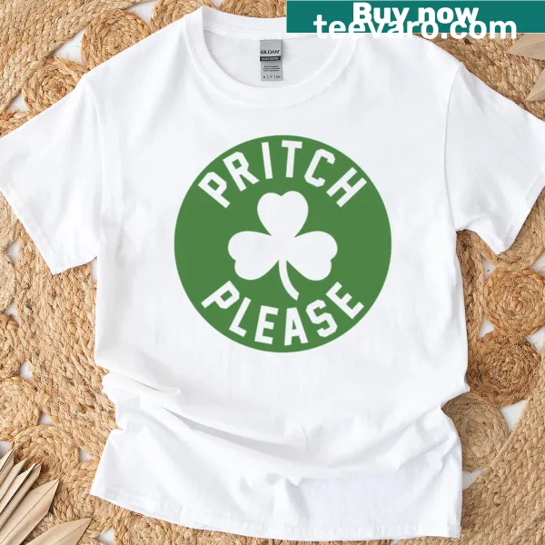 Witty text graphic 'Pritch Please' on a casual T-shirt