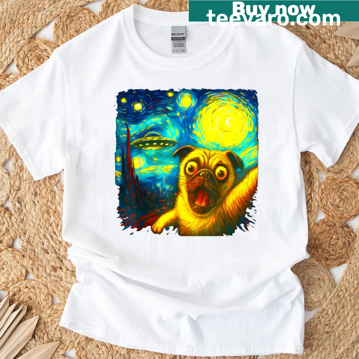 Pug selfie with alien UFO on a Van Gogh-inspired T-shirt — on a men's t-shirt