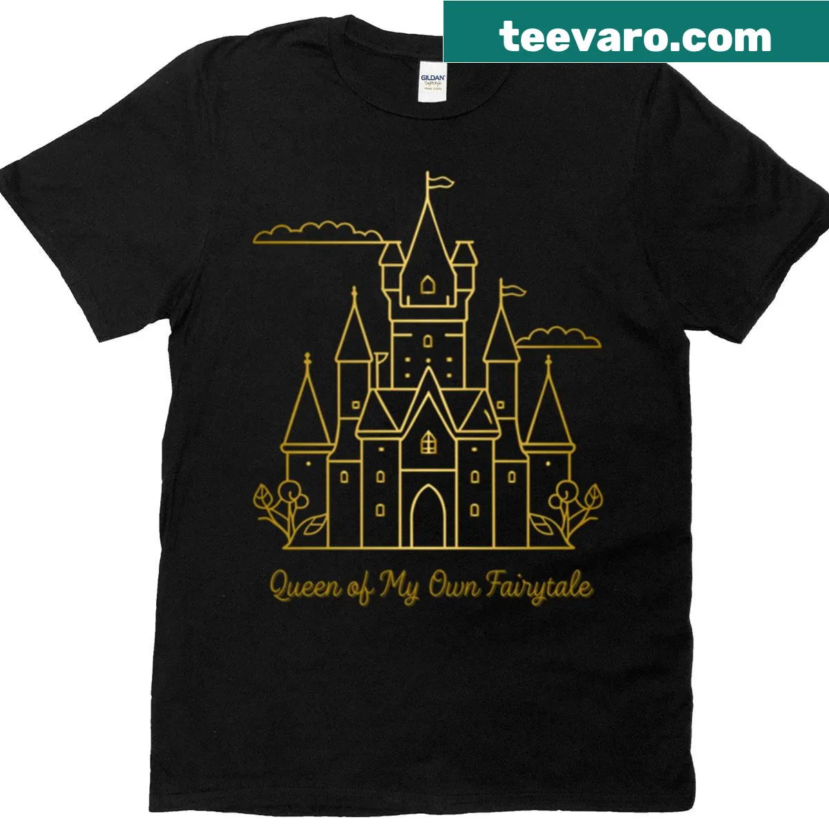 Minimalist T-shirt featuring a gold castle design — on a men's t-shirt