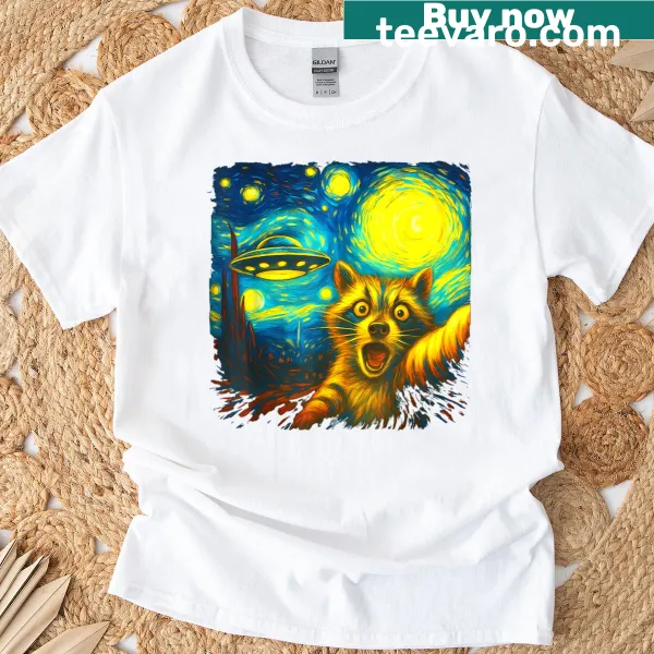 Funny t-shirt with raccoon and alien UFO over Van Gogh's starry night