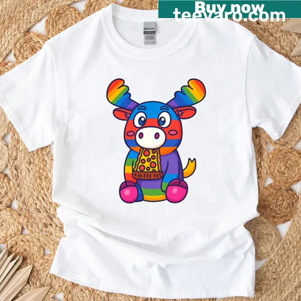 Rainbow moose eating pizza illustrated t-shirt