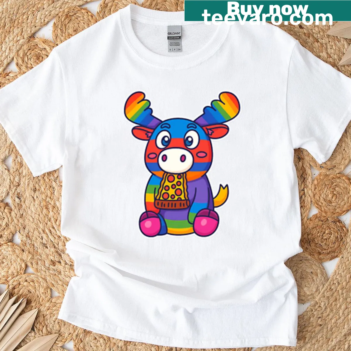 Rainbow moose eating pizza illustrated t-shirt — on a men's t-shirt