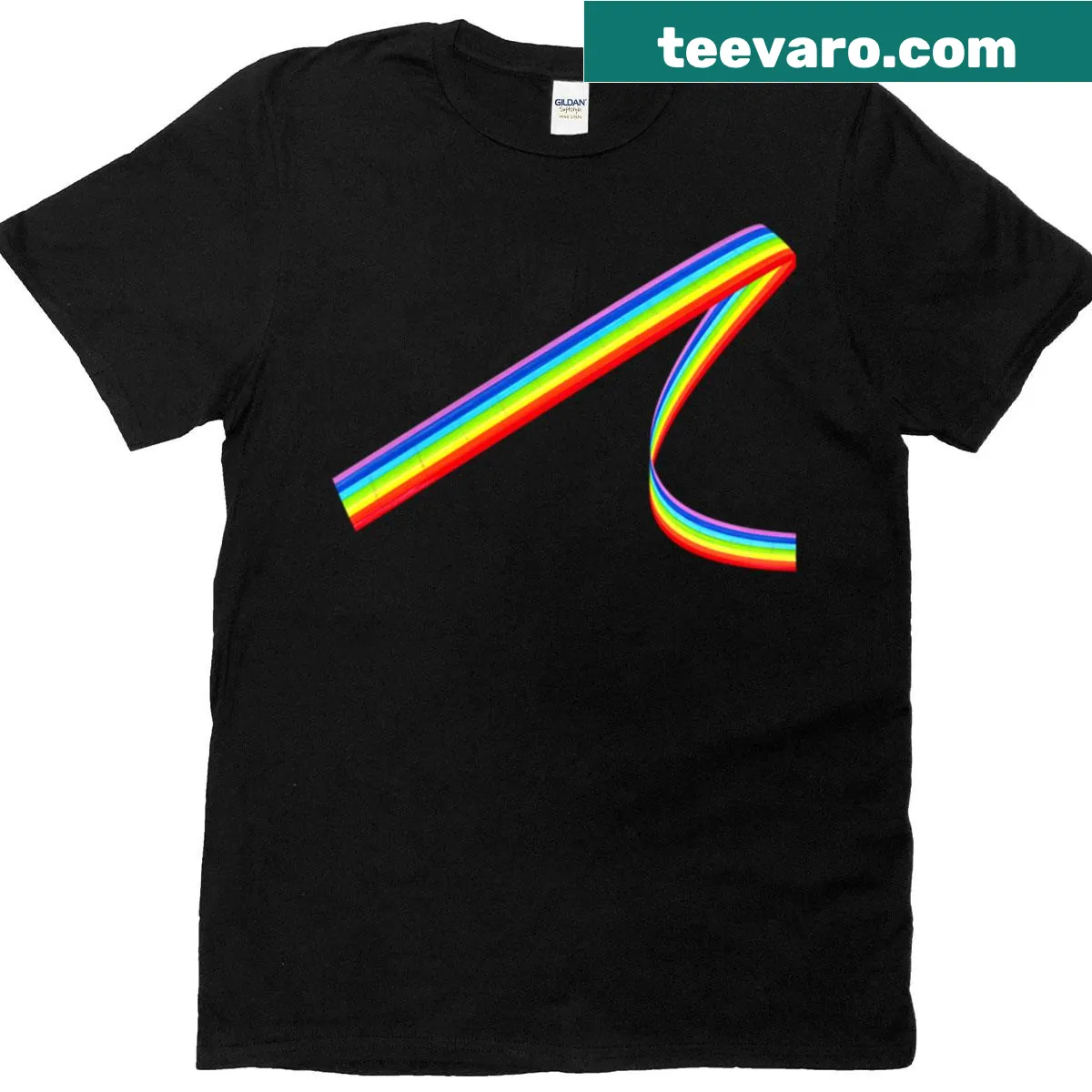 Colorful Rainbow Ribbon graphic on a playful typography t-shirt — on a men's t-shirt