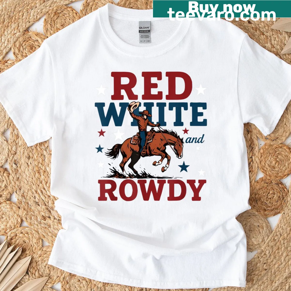 Patriotic cowboy-themed T-shirt with playful text and graphic — on a men's t-shirt