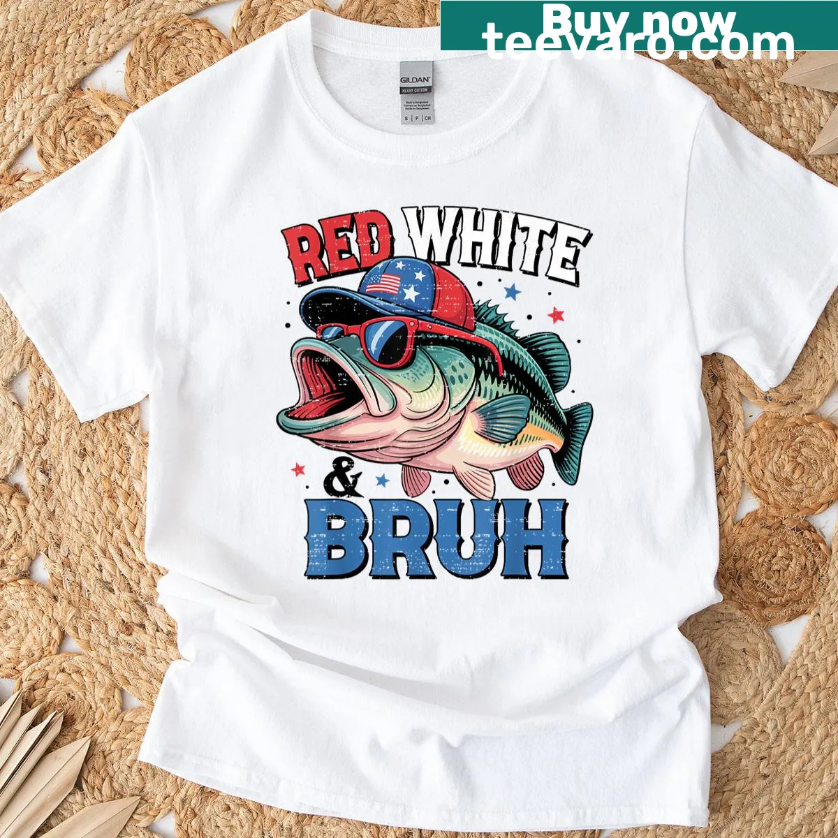 Playful fishing graphic on Red White Bruh America T-shirt — on a men's t-shirt