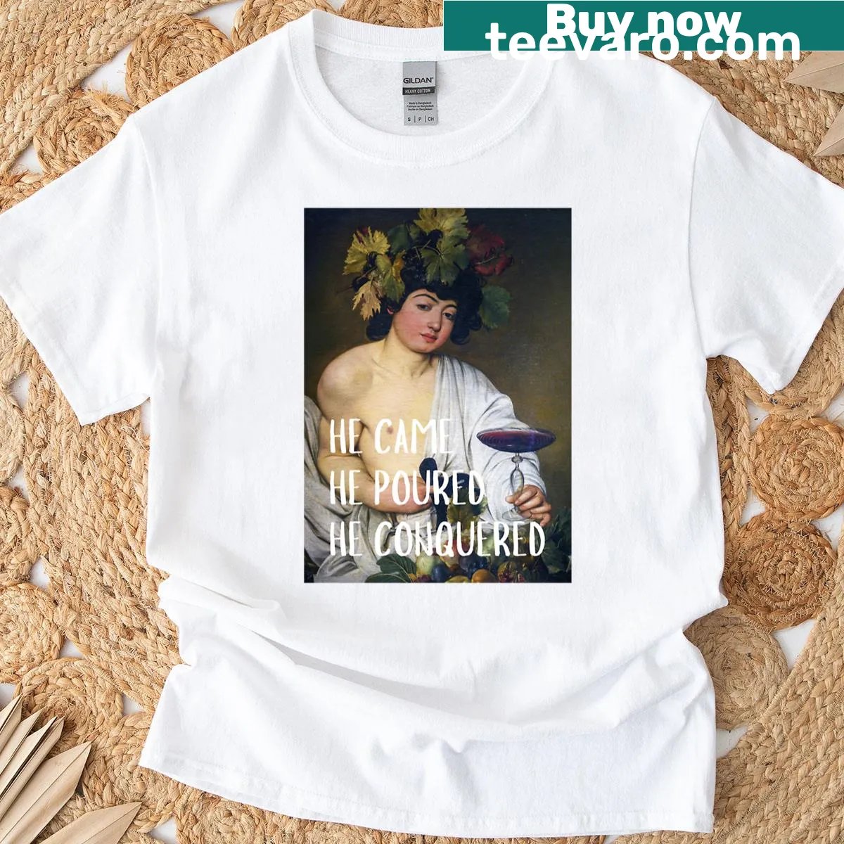 Vintage-inspired tee featuring a sassy boy with a wine glass graphic — on a men's t-shirt