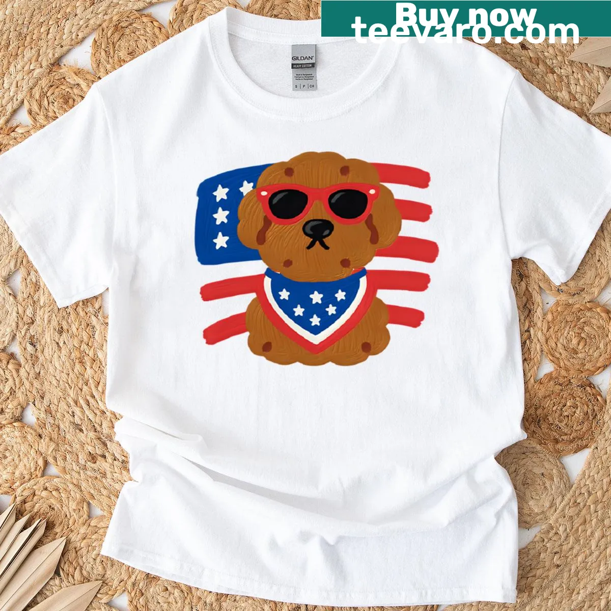 Playful dog graphic on Red Woof Blue T-shirt — on a men's t-shirt