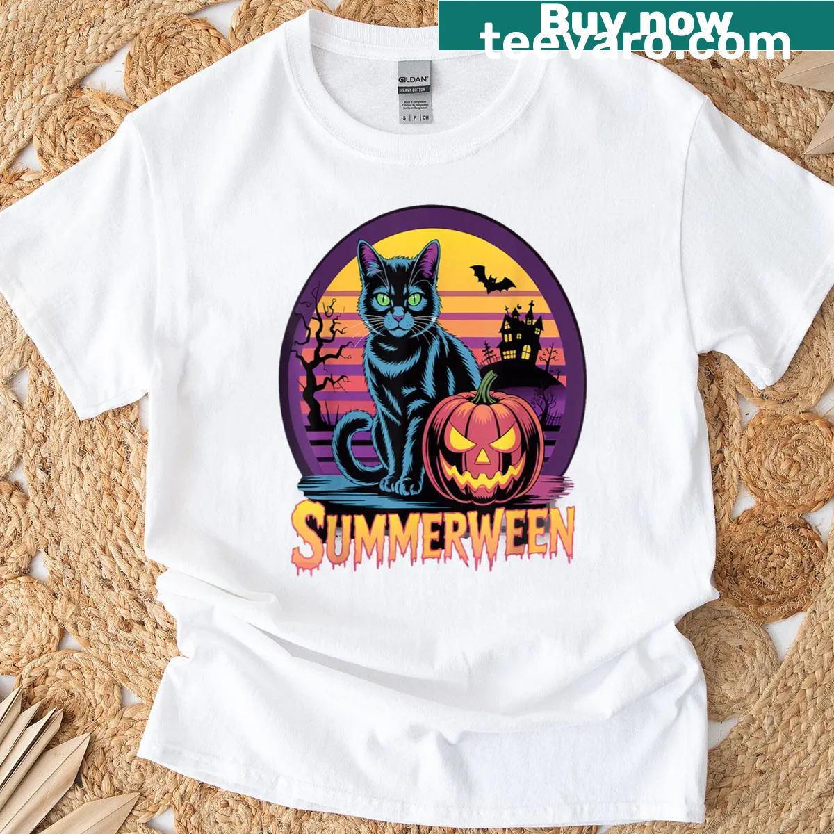 Cute retro black cat graphic for Summerween celebrations — on a men's t-shirt
