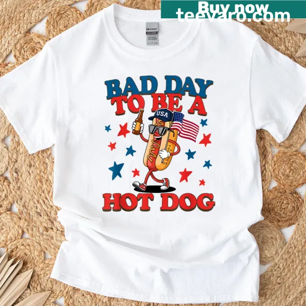 Funny retro July Fourth tee: Bad Day To Be A Hot Dog