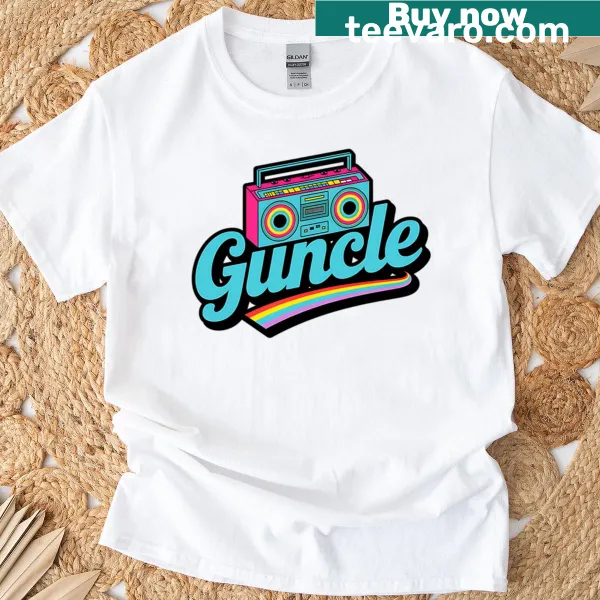 Retro Guncle tee with boombox and rainbow design