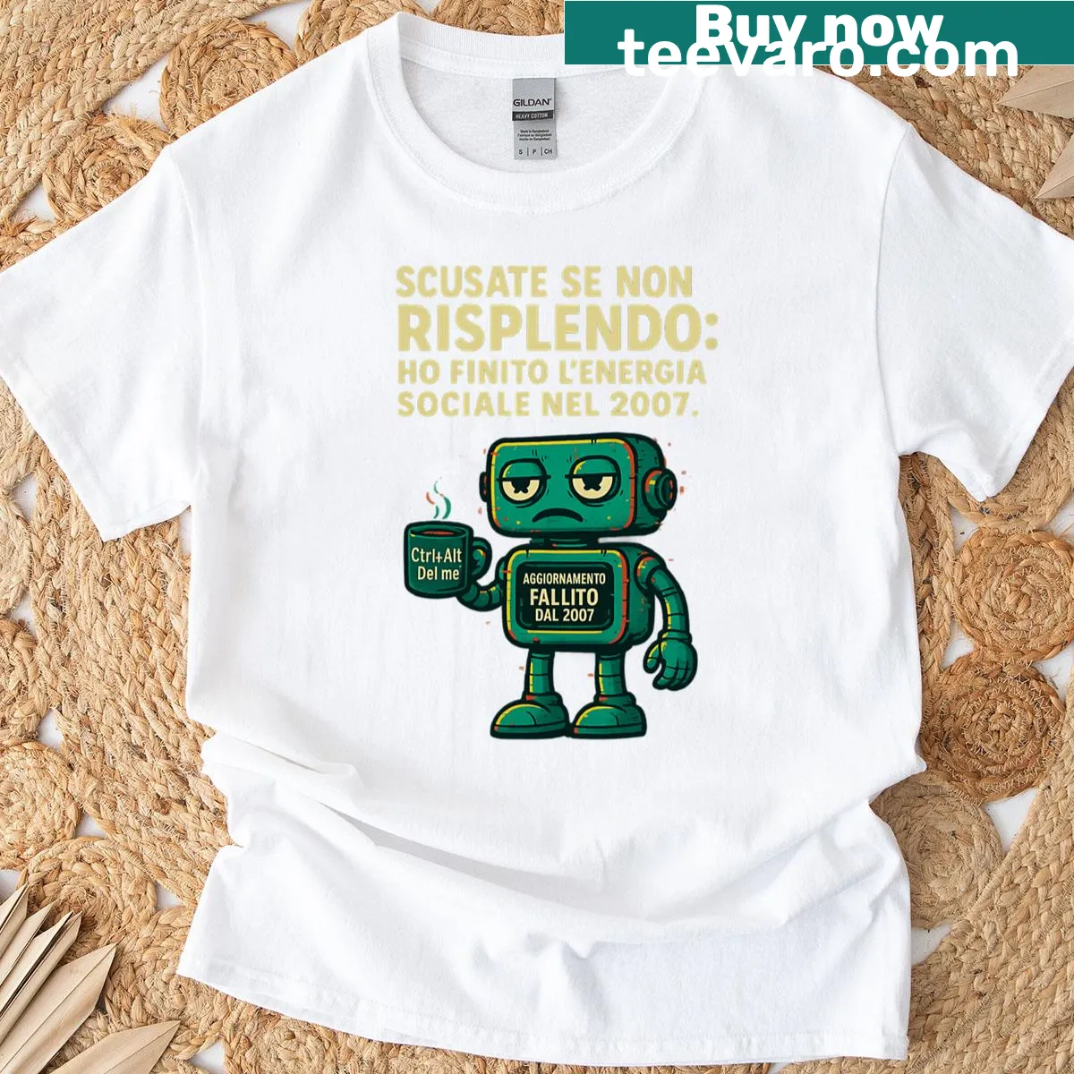 Edgy robot illustration with a thought-provoking phrase — on a men's t-shirt