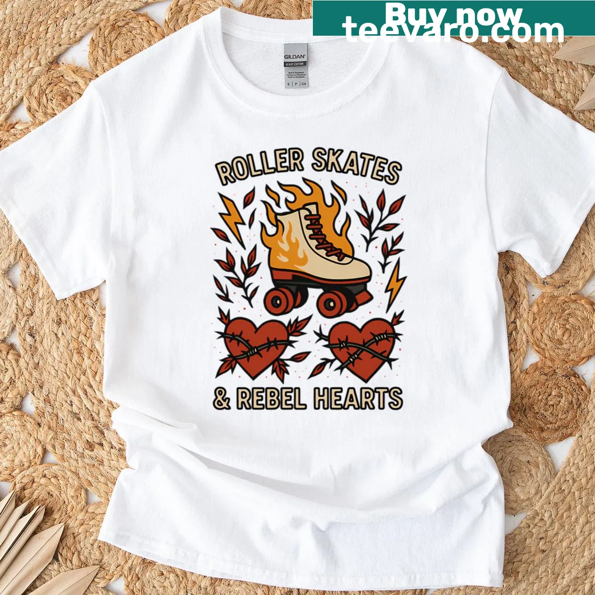 Punk-style t-shirt featuring roller skates and flames illustration — on a men's t-shirt