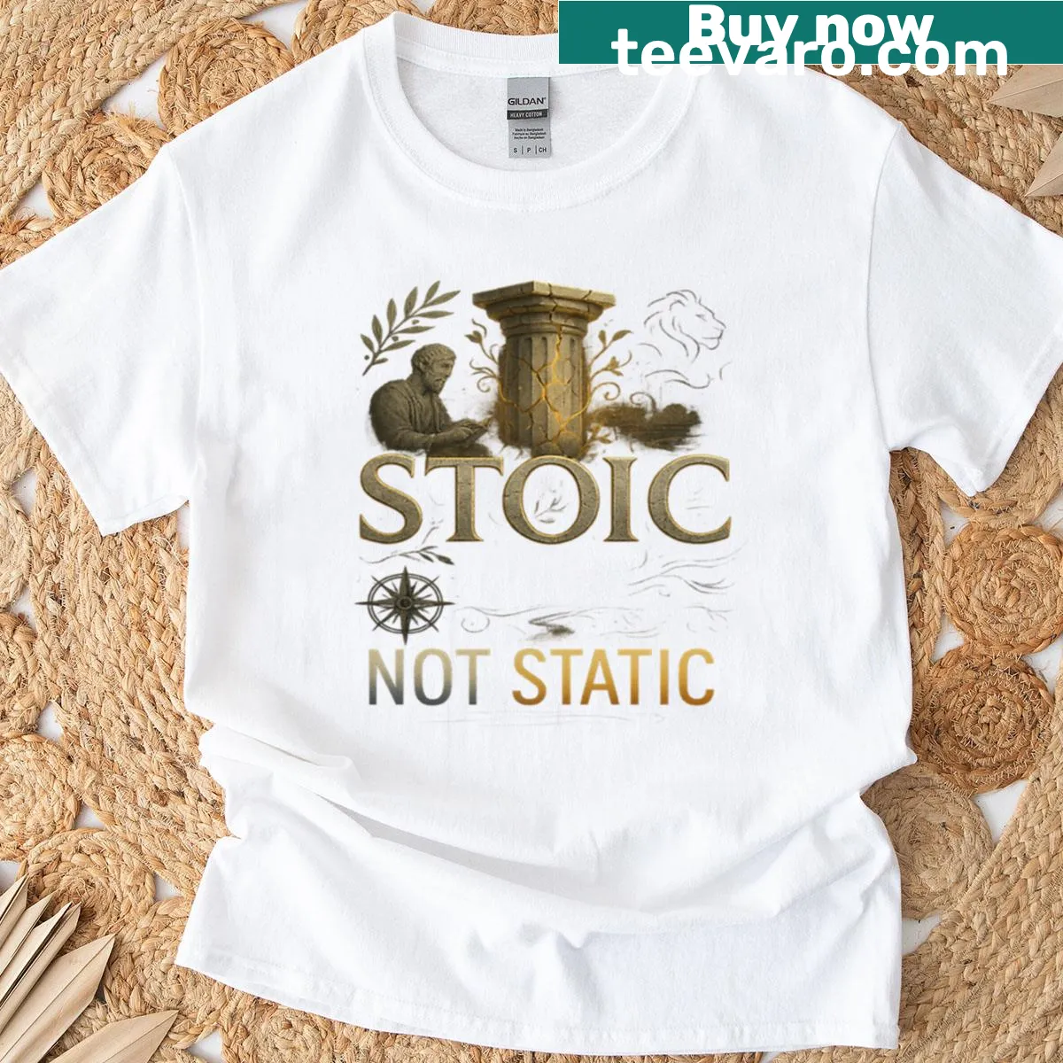 Inspirational typography T-shirt with 'Rooted Like Stone, Evolving Like Fire' — on a men's t-shirt