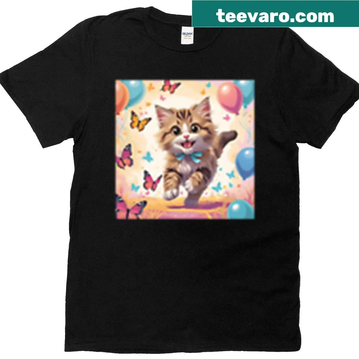 Illustration of a young cat wearing a blue bow tie — on a men's t-shirt