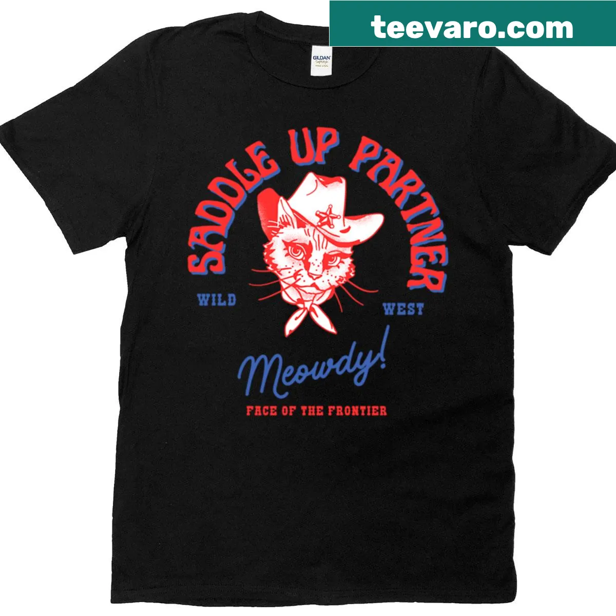 Cat sheriff illustration with the phrase 'Meowdy Partner' — on a men's t-shirt