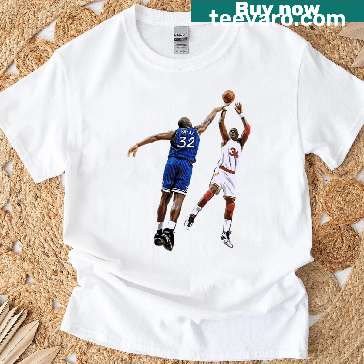 T-shirt featuring Shaquille O'Neal and Hakeem Olajuwon basketball graphic — on a men's t-shirt