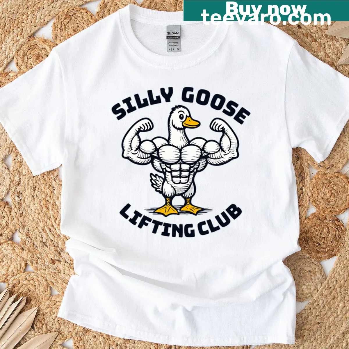 Funny bodybuilding club mascot t-shirt featuring a silly goose — on a men's t-shirt