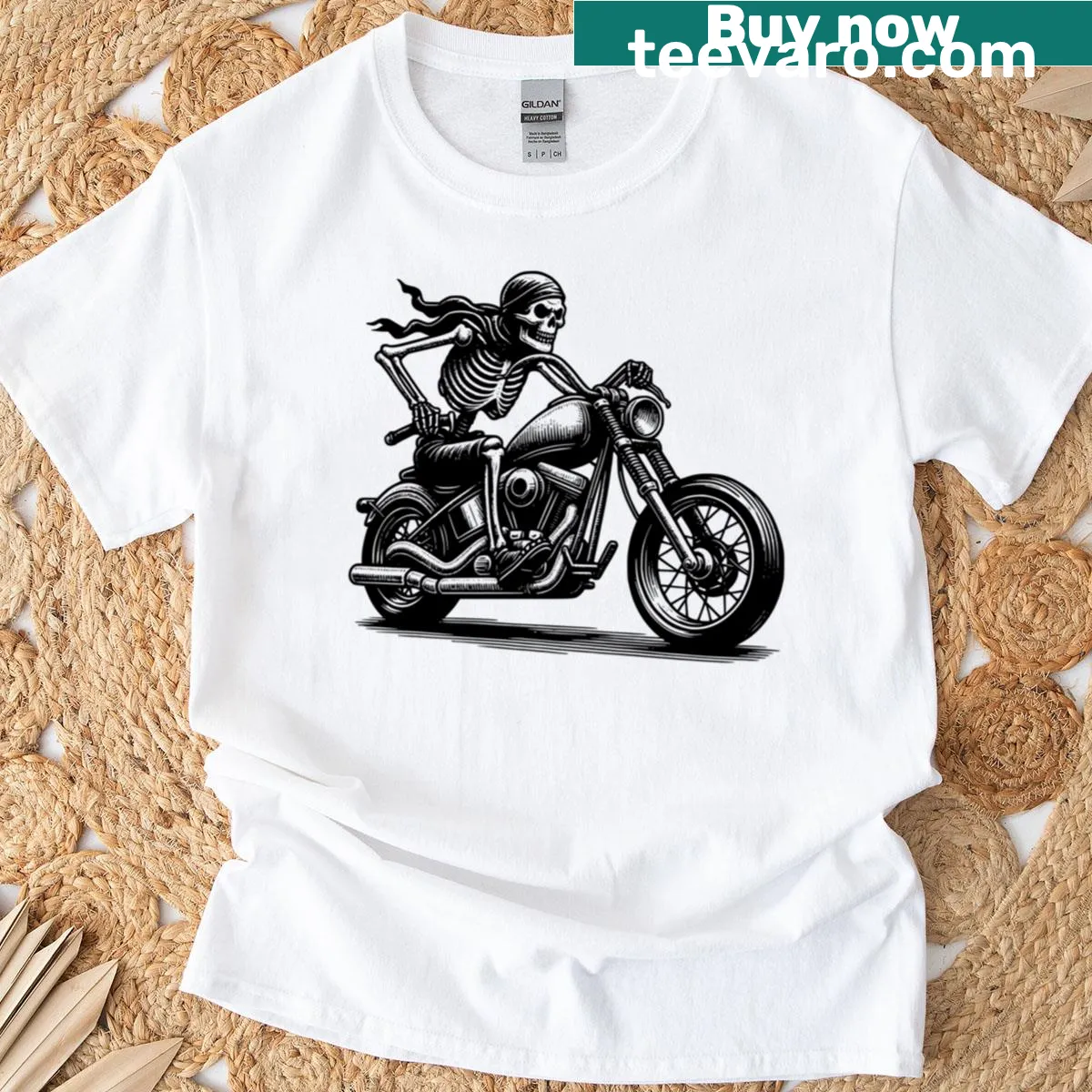 Vintage skeleton biker riding motorcycle graphic t-shirt — on a men's t-shirt