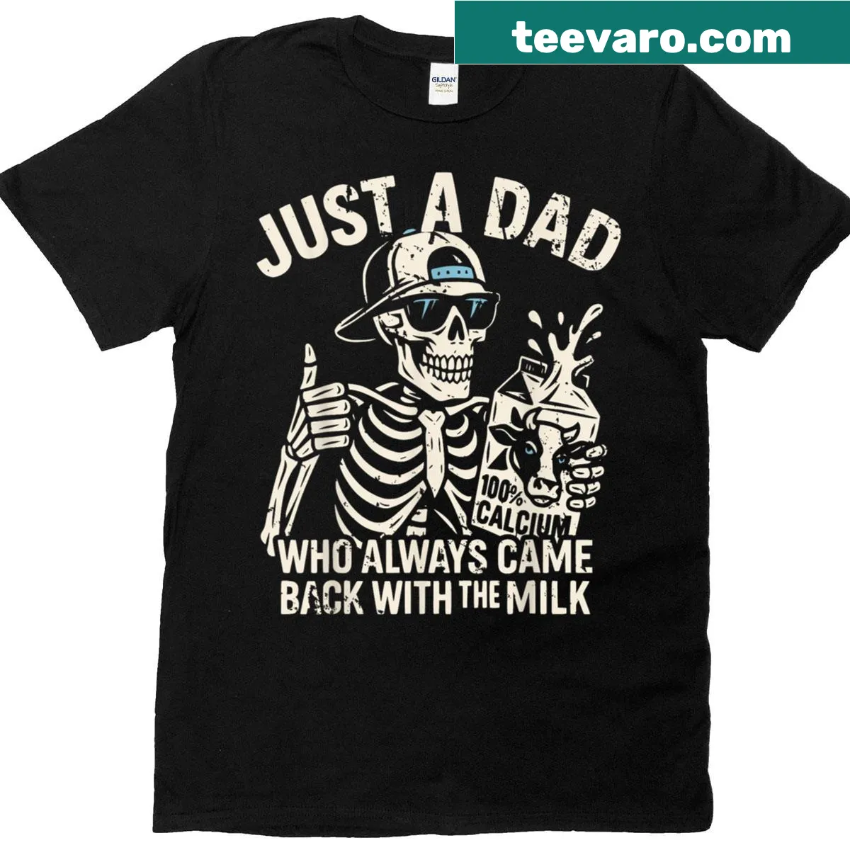 Humorous skeleton graphic with text about being a dad on t-shirt — on a men's t-shirt