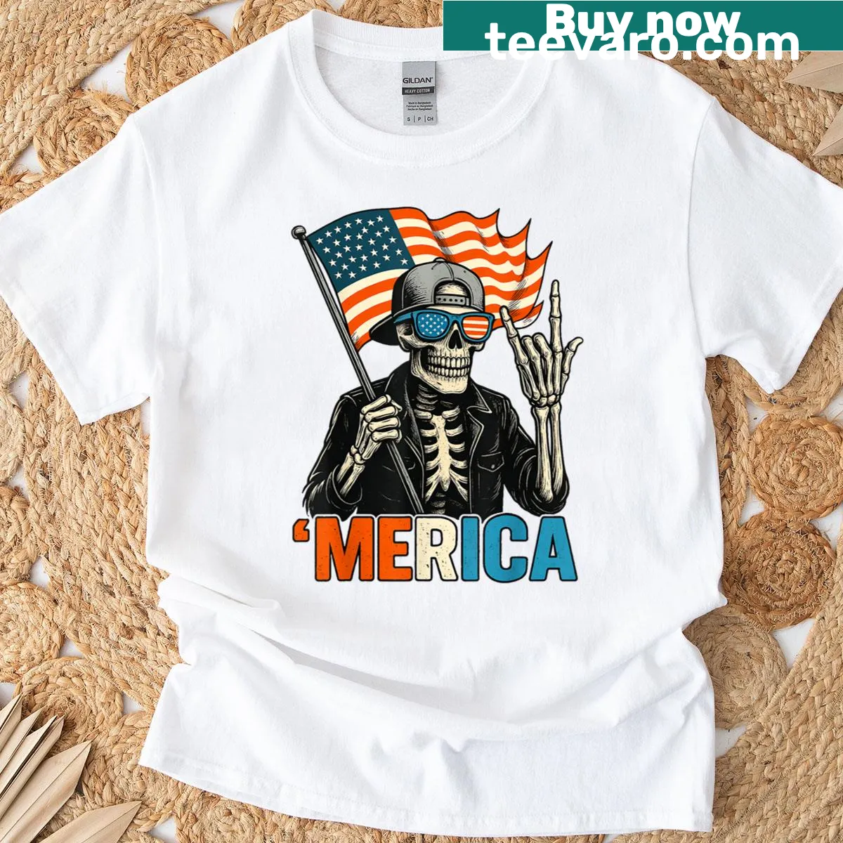Patriotic skeleton t-shirt featuring American flag design — on a men's t-shirt