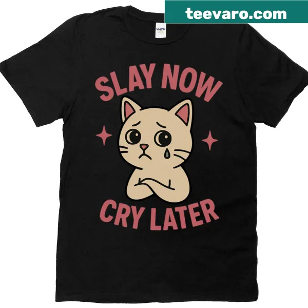 Oversized T-shirt with slay now cry later slogan