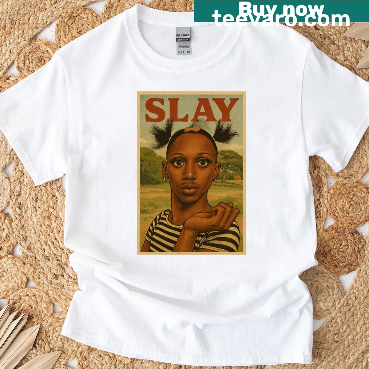 T-shirt with bold 'Slay Queen' text in stylish font — on a men's t-shirt