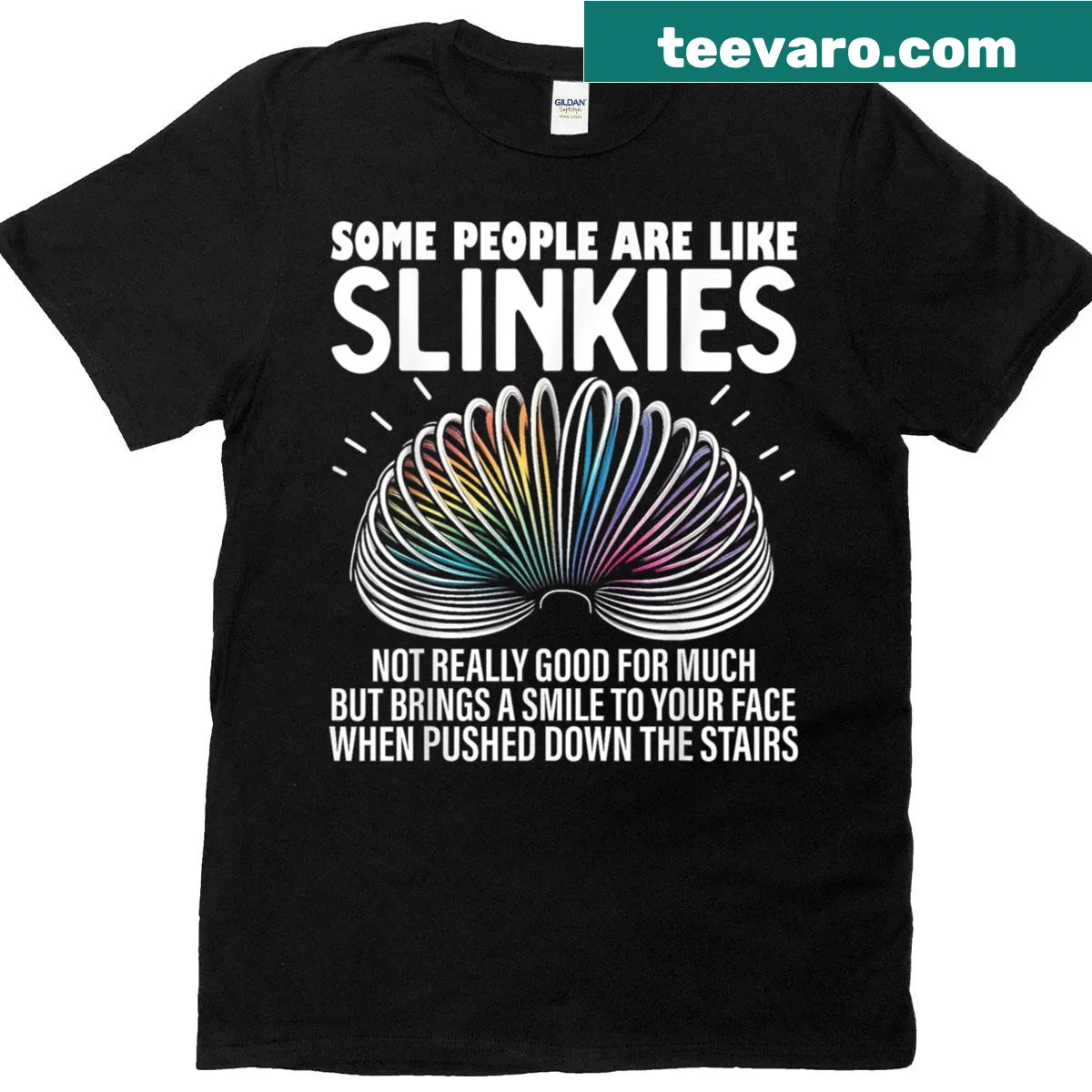Funny sarcastic graphic t-shirt with slinky illustration and text — on a men's t-shirt